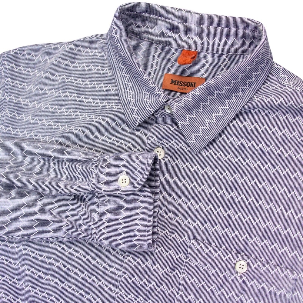 MISSONI Mens Small Blue White Zig‎ Zag LS Button Front Shirt SOFT Cotton